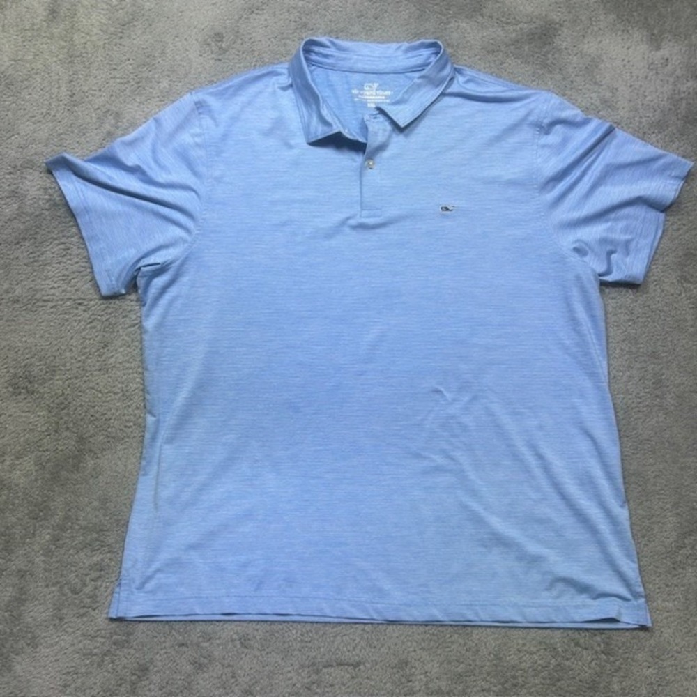 Vineyard Vines Polo Shirt Mens 2XL Blue White Stripe Whale Performance Golf Logo